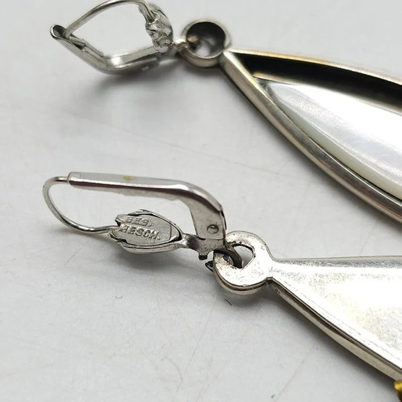 Vintage Artist Signed Mother Of Pearl Sterling Silver Drop Earrings Modernist - Picture 7 of 8
